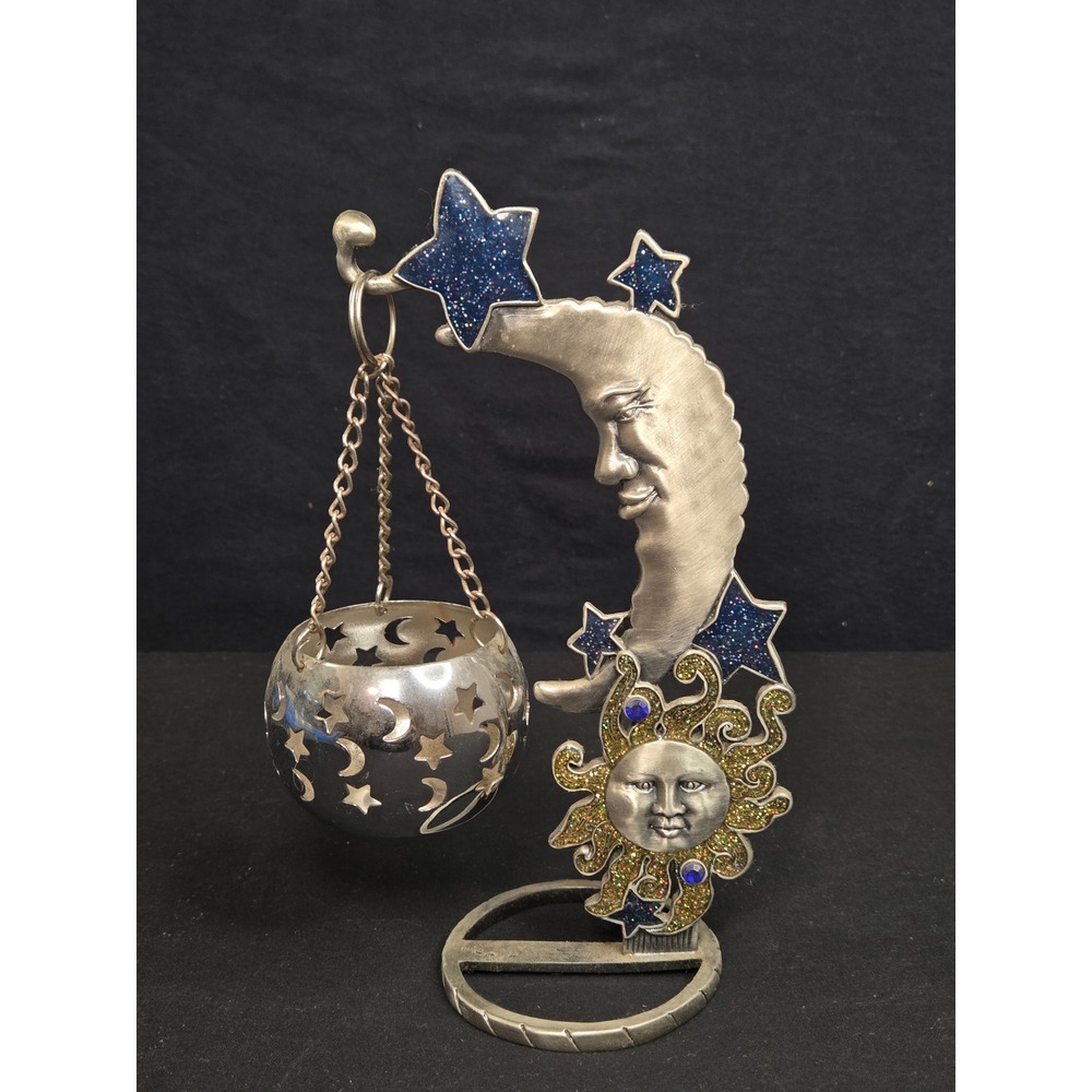 Vintage Celestial Sun Moon Stars Hanging Tea Light Candle Holder Silver Tone 9in